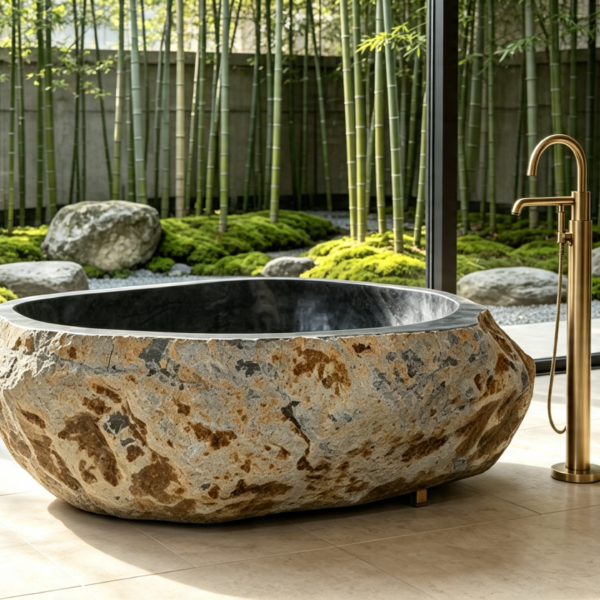 Round Hand Carved Natural River Stone Bathtub – Freestanding Solid Rock Soaking Tub (No.01)