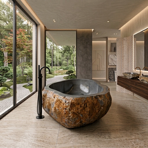 72″ Monumental Round River Stone Bathtub (No.02) – 4,400 lbs Massive Solid Rock Soaking Tub