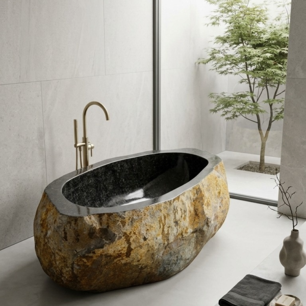 72″ Natural River Stone Bathtub No.02 – Heavy Solid Rock Freestanding Spa Tub