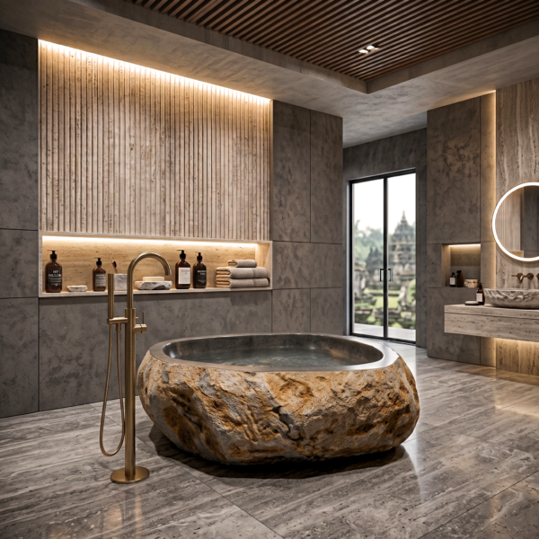 75" Monumental Round River Stone Bathtub (No.01) – 4,400 lbs Massive Solid Rock Soaking Tub