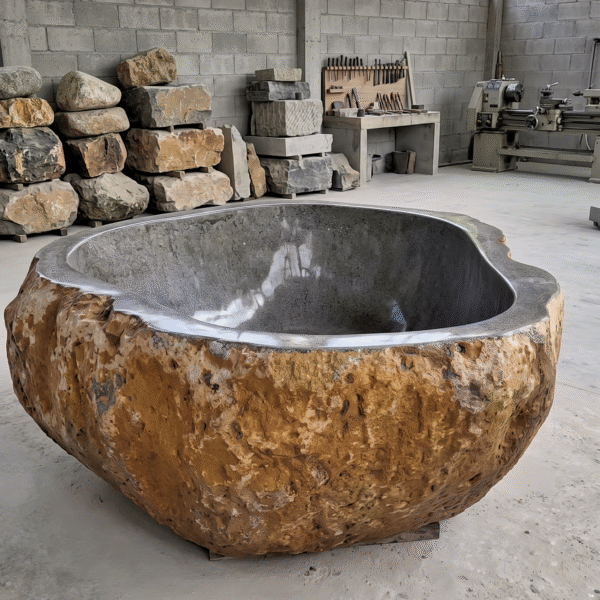 Monumental Round River Stone Bathtub 75″ x 59″ Nr.02– Massive Natural Rock – Arriving July 2026