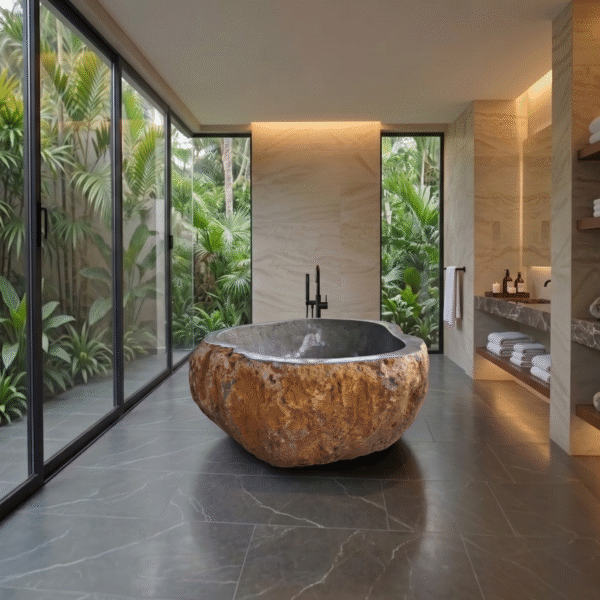 Monumental Round River Stone Bathtub 75″ x 59″ Nr.02– Massive Natural Rock – Arriving July 2026