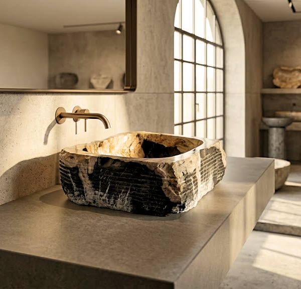 Black Petrified Wood Vessel Sink | Natural Stone Bathroom Basin N° 01