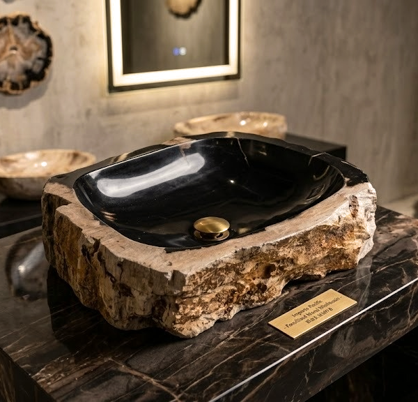 Black Petrified Wood Vessel Sink | Natural Stone Bathroom Basin N° 08