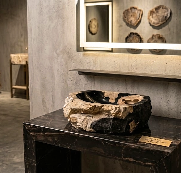 Black Petrified Wood Vessel Sink | Natural Stone Bathroom Basin N° 09