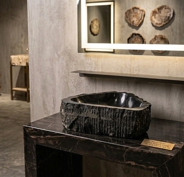 Black Petrified Wood Vessel Sink | Natural Stone Bathroom Basin N° 10