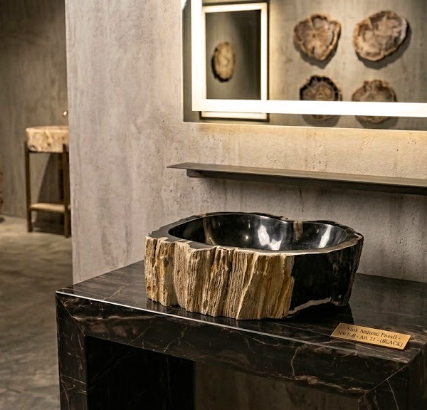 Black Petrified Wood Vessel Sink | Natural Stone Bathroom Basin N° 11