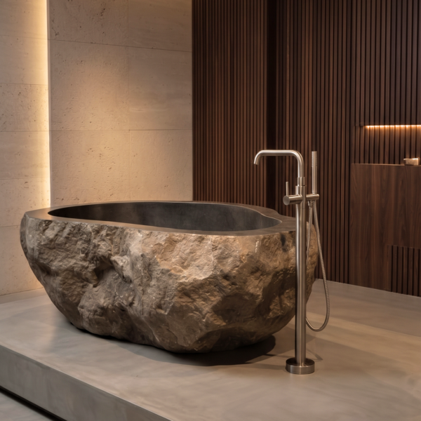 66" Natural River Stone Bathtub No.03 – Heavy Solid Rock Freestanding Spa Tub